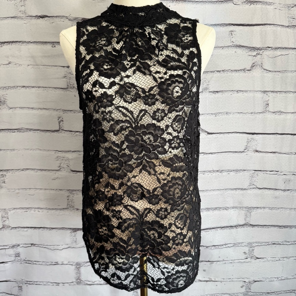 Who What Wear Black Nylon Rayon Lace Mock Neck Sleeveless Sheer Floral Top‎ SM